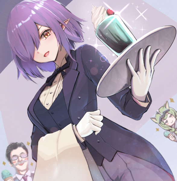 1boy 2girls black_hair black_ribbon braid butler cherry closed_mouth female_butler food fruit glasses green_hair hair_over_one_eye holding holding_ice_cream_cone holding_tray ice_cream long_hair long_sleeves looking_at_another looking_at_viewer medium_hair milkshake multiple_girls nicoseiga_60079034 open_mouth original pointy_ears purple_hair ribbon short_hair smile sparkle standing suit tray twin_braids vest whipped_cream yellow_eyes