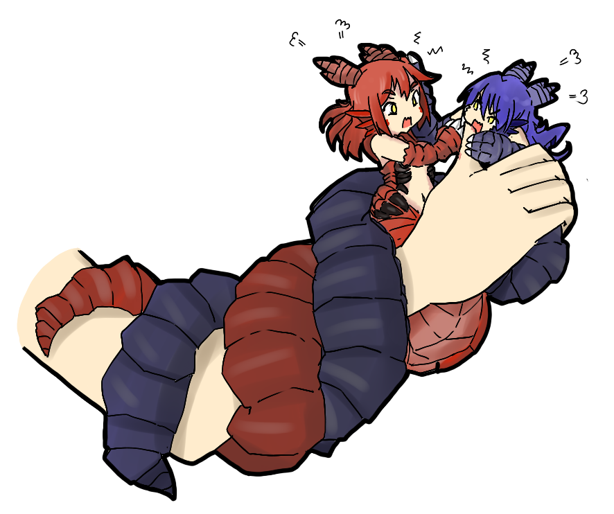 1boy 2girls angry animal_hands arm_hug blue_scales claws coiled disembodied_limb dragon_girl facial_mark finger_hug horns jealous lamia latenight mini_person minigirl monster_girl monster_girl_encyclopedia multiple_girls red_scales scales size_difference tail tail_wrap wurm_(monster_girl_encyclopedia) wyrm yellow_eyes