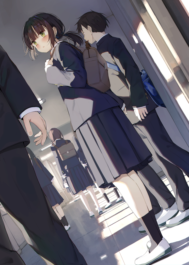 1girl bag black_footwear blazer blue_jacket blue_skirt blush brown_hair buttoned_cuffs commentary_request day dot_nose dutch_angle full_body green_eyes hallway holding_strap indoors jacket kamizaki_hibana layered_clothes long_bangs long_hair long_skirt long_sleeves looking_back low_ponytail original parted_lips people pleated_skirt school school_bag school_uniform shadow shoes short_ponytail sidelocks skirt socks solo_focus standing