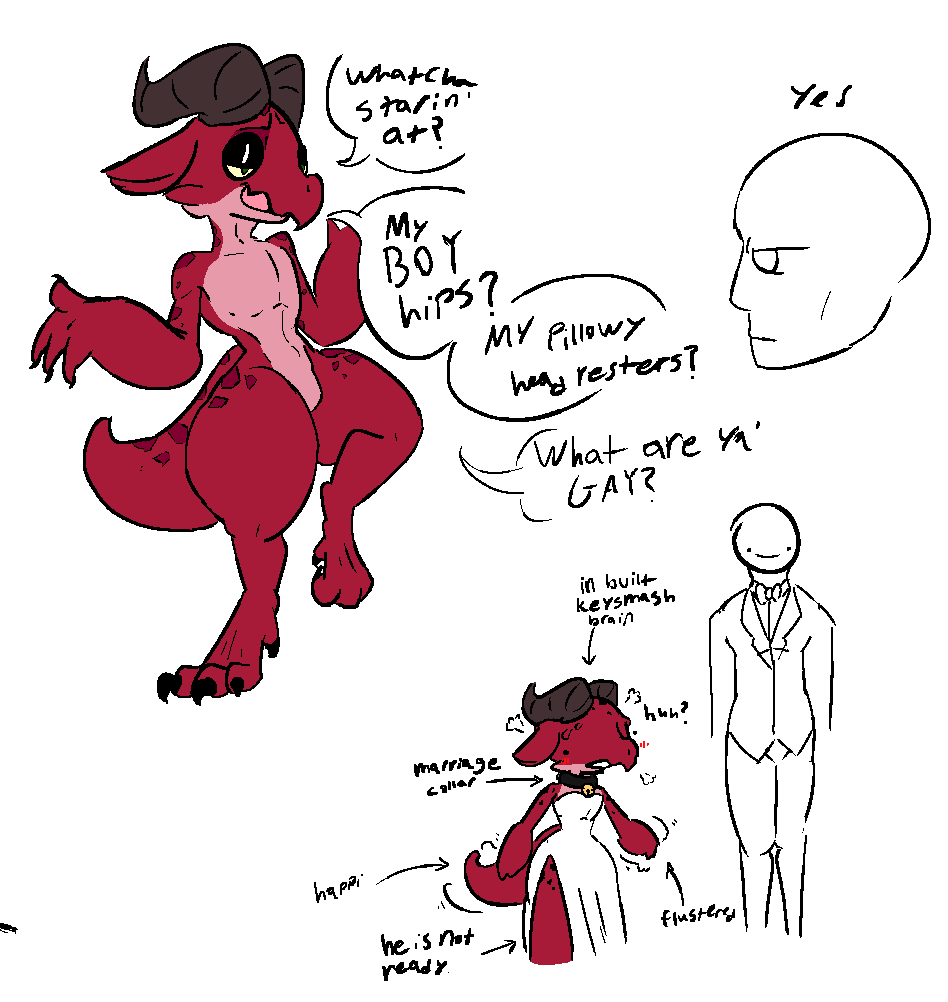 anthro blush botanics clothing collar darak dress duo flustered flustered_male girly human human_on_anthro interspecies kobold male male/male mammal married red_body red_scales scales scalie thick_thighs wedding wedding_dress