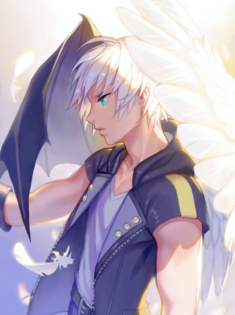 1boy angel_wings aqua_eyes artist_name black_gloves black_jacket closed_mouth dddagneo demon_wings facing_to_the_side falling_feathers feathered_wings feathers gloves hood hood_down hooded_jacket jacket kingdom_hearts kingdom_hearts_iii male_focus riku_(kingdom_hearts) shirt short_hair short_sleeves solo upper_body v-neck white_feathers white_hair white_shirt wings