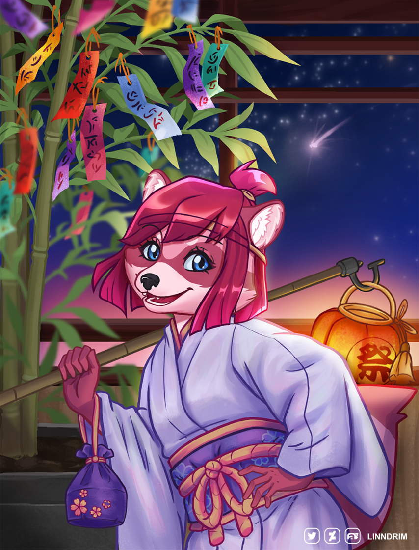 anthro asian_clothing asian_mythology canid canine clothing east_asian_clothing east_asian_mythology female japan japanese_clothing japanese_mythology linndrim mammal mythology procyonid raccoon raccoon_dog solo tanabata tanuki