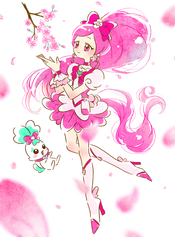 1girl blush boots bow brooch cherry_blossoms choker chypre_(heartcatch_precure!) commentary_request cure_blossom hair_bow hair_ornament hanasaki_tsubomi heart heart_brooch heartcatch_precure! high_ponytail hoppetoonaka3 jewelry long_hair magical_girl pink_bow pink_choker pink_eyes pink_hair pink_theme precure ribbon simple_background skirt smile white_background