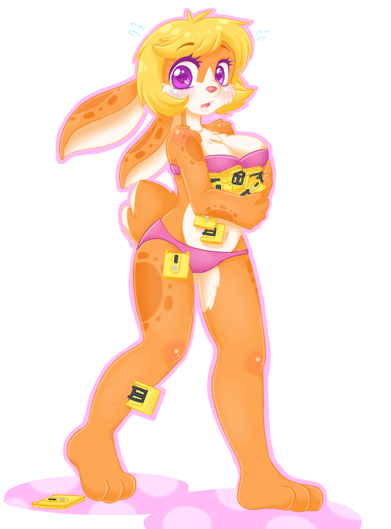 anthro blonde_hair bodily_fluids famicom female floppy_disk fur hair lagomorph leporid lolipoplamb mammal nintendo orange_body orange_fur purple_eyes rabbit solo solo_focus sweat sweatdrop tangobunny