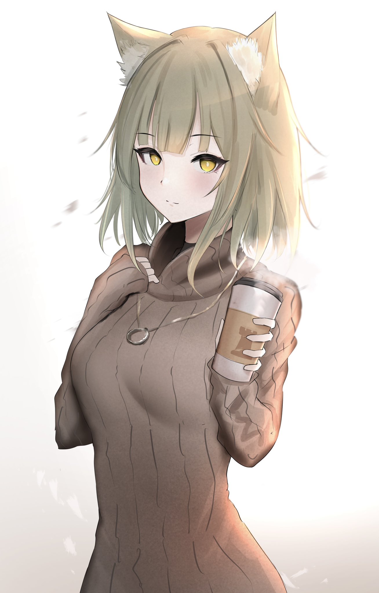 1girl animal_ear_fluff animal_ears arknights blush brown_sweater cat_ears cat_girl coffee_cup cup disposable_cup green_hair hands_up highres holding holding_cup jewelry kal'tsit_(arknights) long_sleeves looking_at_viewer necklace poni_(poni_arknights) ribbed_sweater short_hair simple_background smile solo steam sweater turtleneck turtleneck_sweater upper_body white_background yellow_eyes