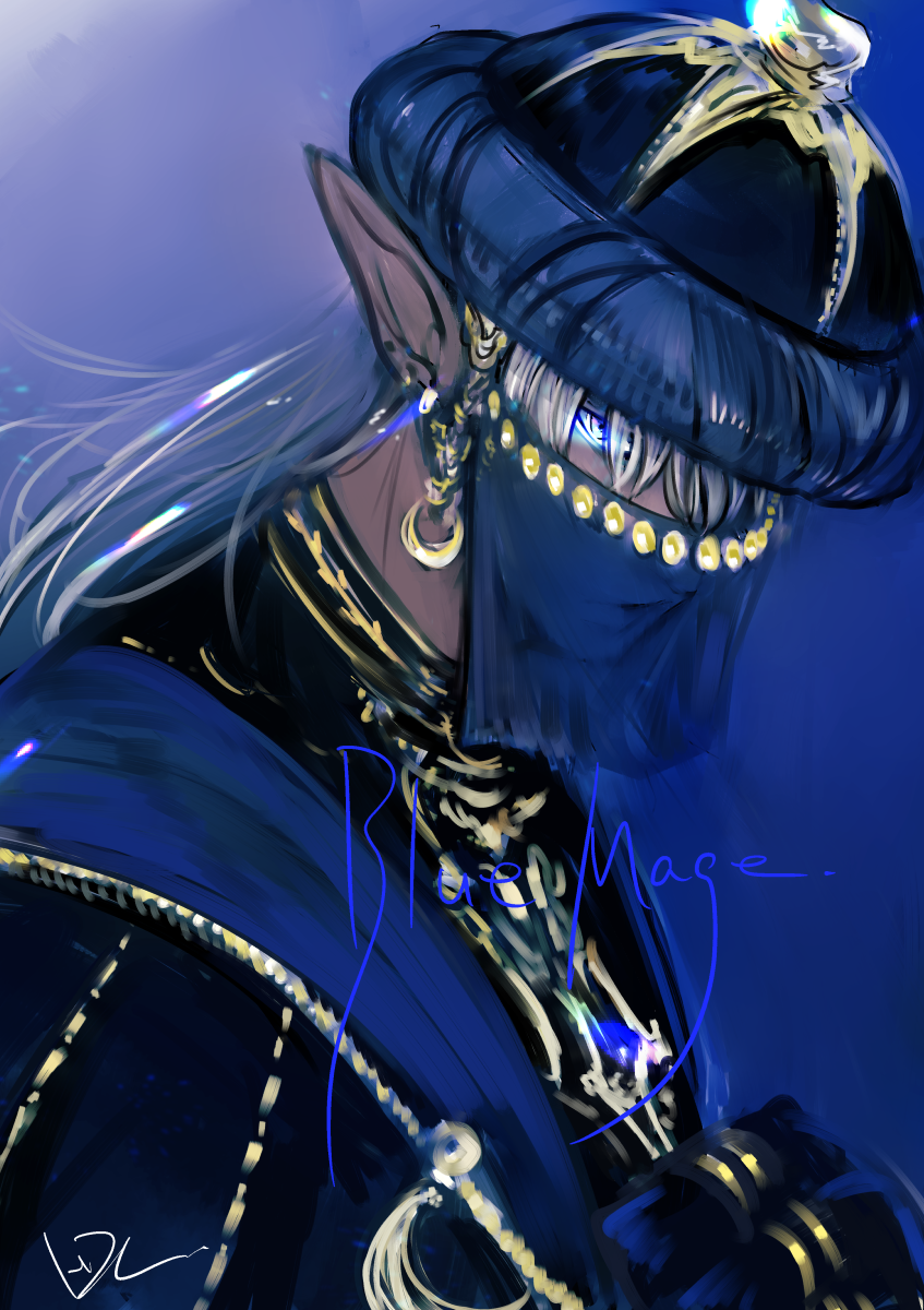 1boy adventurer_(ff11) blue_eyes blue_headwear blue_mage dark-skinned_male dark_skin doraeshi elf elvaan final_fantasy final_fantasy_xi gold gradient_background hair_over_one_eye hat highres long_hair male_focus pointy_ears solo upper_body veil white_hair