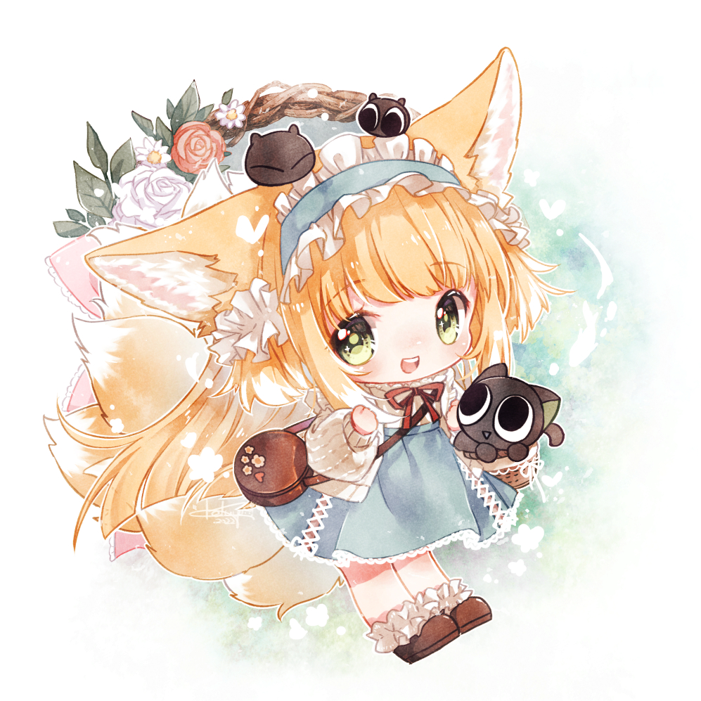 1girl animal_ears arknights bag basket black_cat blonde_hair blue_hairband blue_skirt blunt_ends blush bobby_socks brown_bag brown_footwear cardigan cat chibi colored_tips commentary_request cross-laced_clothes cross-laced_skirt cross-laced_slit crossover fox_ears fox_girl fox_tail frilled_hairband frills full_body green_eyes hair_ornament hair_scrunchie hairband heixiu in_basket keluy kitsune kyuubi long_hair long_sleeves looking_at_viewer luo_xiaohei luo_xiaohei_zhanji multicolored_hair multiple_tails neck_ribbon official_alternate_costume open_mouth puffy_long_sleeves puffy_sleeves red_ribbon ribbon round_bag scrunchie shoulder_bag skirt socks suzuran_(arknights) suzuran_(spring_praise)_(arknights) tail teeth two-tone_hair upper_teeth_only white_cardigan white_hair