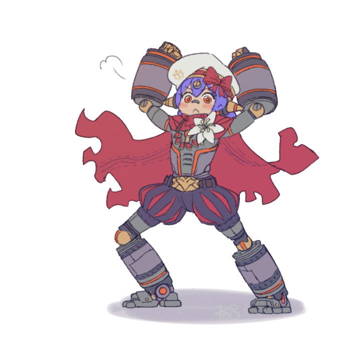 1girl android arms_up beret black_shorts blush cape closed_mouth commentary full_body grey_headwear hair_between_eyes hat looking_at_viewer poppi_(xenoblade) puffy_shorts purple_hair red_cape red_eyes reiesu_(reis) shadow shorts simple_background solo standing torn_cape torn_clothes v-shaped_eyebrows white_background xenoblade_chronicles_(series) xenoblade_chronicles_2