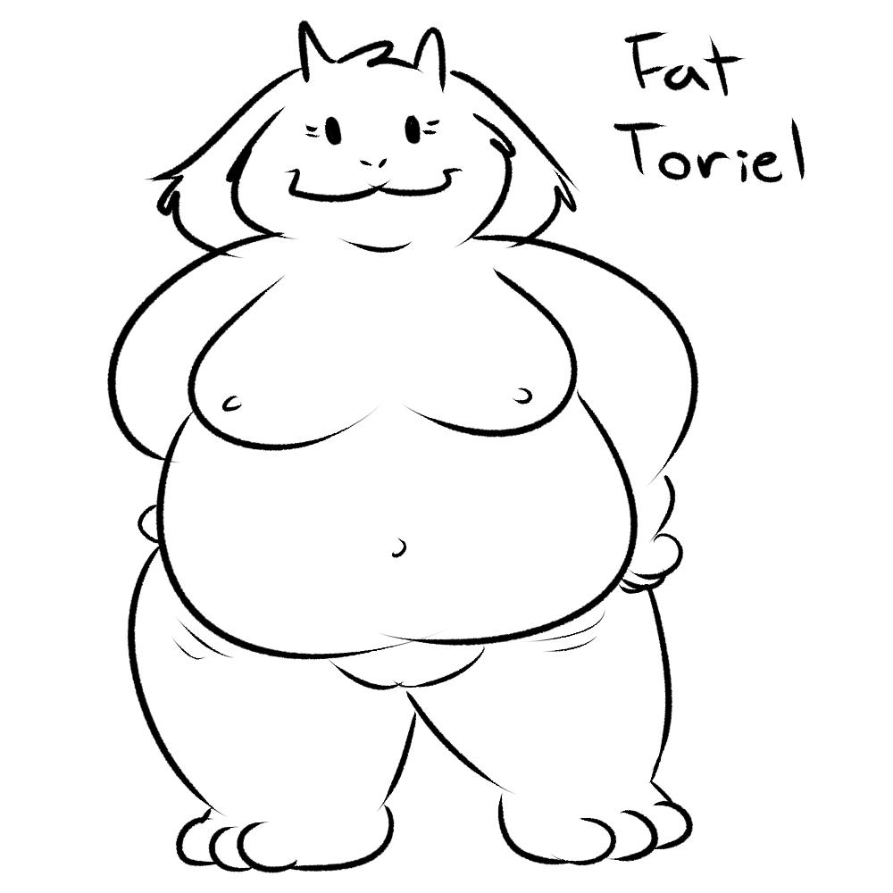 anthro boss_monster bovid caprine character_name english_text eyelashes fat_female female fur genitals hands_at_side mammal navel nipples nishi_oxnard nude pussy simple_background smile solo text toriel tummy_wiggling undertale undertale_(series) white_background white_body white_fur