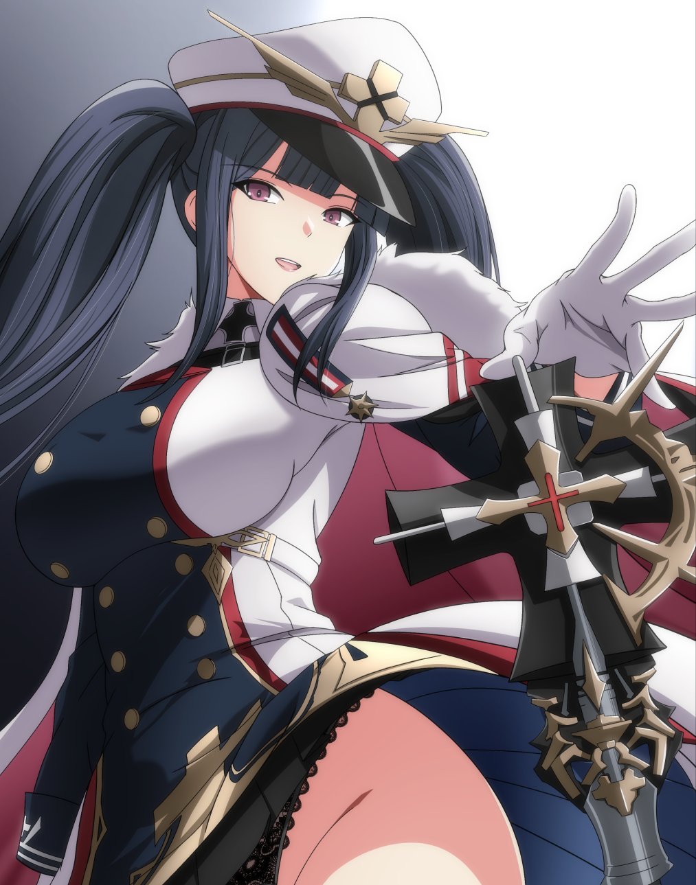 1girl azur_lane black_hair black_panties buttons cape cowboy_shot cross double-breasted fur-trimmed_cape fur_trim gloves hat highres iron_cross lace lace_panties long_hair long_sleeves looking_at_viewer makiri_akira panties pantyshot peaked_cap peter_strasser_(azur_lane) purple_eyes simple_background solo teeth twintails underwear upper_teeth_only very_long_hair white_gloves white_headwear