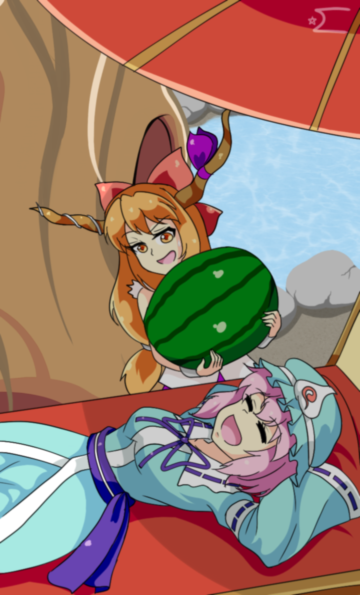 2girls beach_chair blue_dress bow bowtie closed_eyes dress food fruit hat holding holding_food holding_fruit horn_ornament horn_ribbon horns ibuki_suika looking_at_another mob_cap multiple_girls neferkitty open_mouth orange_eyes orange_hair pink_hair pond purple_bow purple_bowtie purple_sash purple_skirt ribbon rock saigyouji_yuyuko sash shirt skirt spongebob_squarepants sweatdrop torn_clothes torn_shirt torn_sleeves touhou tree umbrella watermelon white_shirt