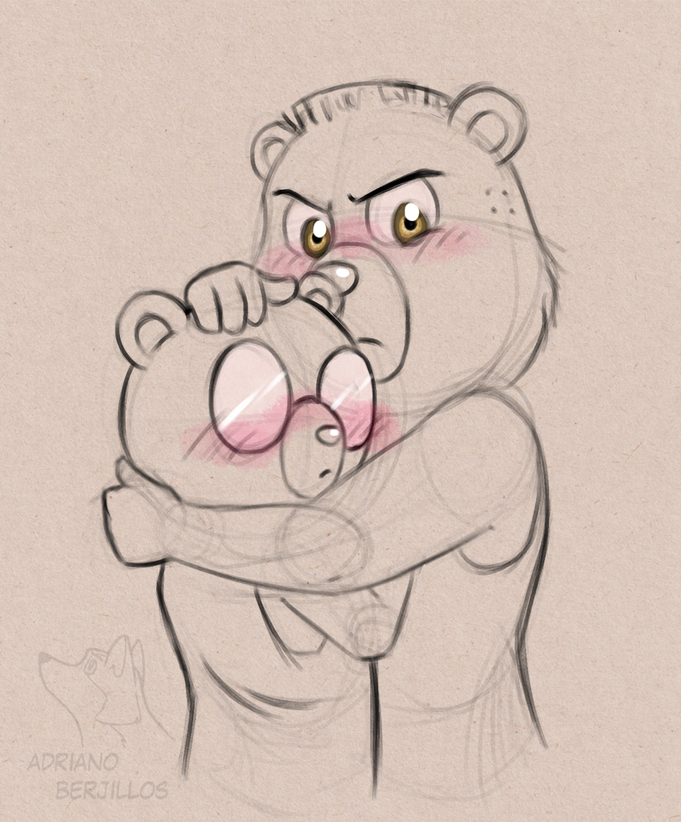 4_fingers anthro bear blush blush_lines clothing corgi_(artist) duo embrace eyewear fingers glasses hug male male/male mammal padre_(unicorn_wars) protecting sargento_caricias serious_face shirt tank_top teddy_bear_(species) topwear unicorn_wars yellow_eyes