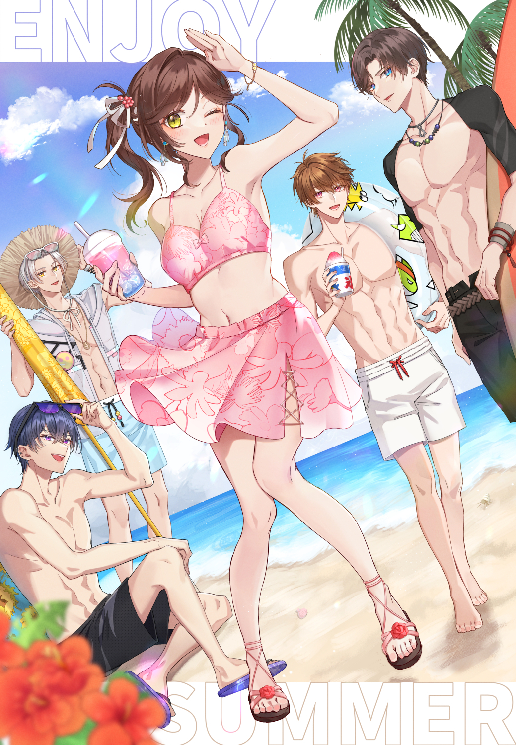 1girl 4boys ;d abs arm_up armpits artem_wing_(tears_of_themis) beach bikini bikini_skirt black_jacket black_male_underwear blue_eyes blue_male_swimwear blue_sky breasts brown_eyes brown_hair cleavage cloud cloudy_sky cup disposable_cup drinking_straw earrings eyewear_on_head eyewear_removed flip-flops food full_body green_eyes grey_jacket hat highres hizaki_sui holding holding_food holding_innertube holding_removed_eyewear holding_surfboard innertube jacket jewelry juice long_hair looking_at_viewer luke_pearce_(tears_of_themis) male_swimwear male_underwear marius_von_hagen_(tears_of_themis) multiple_boys muscular muscular_male navel necklace one_eye_closed open_clothes open_jacket open_mouth outdoors palm_tree pink_bikini pink_skirt ponytail purple_eyes purple_hair rosa_(tears_of_themis) sand sandals shaved_ice short_hair sitting skirt sky sleeveless sleeveless_jacket smile standing stomach straw_hat summer sunglasses surfboard swimsuit tears_of_themis topless_male tree underwear vyn_richter_(tears_of_themis) water white_hair white_male_underwear yellow_eyes
