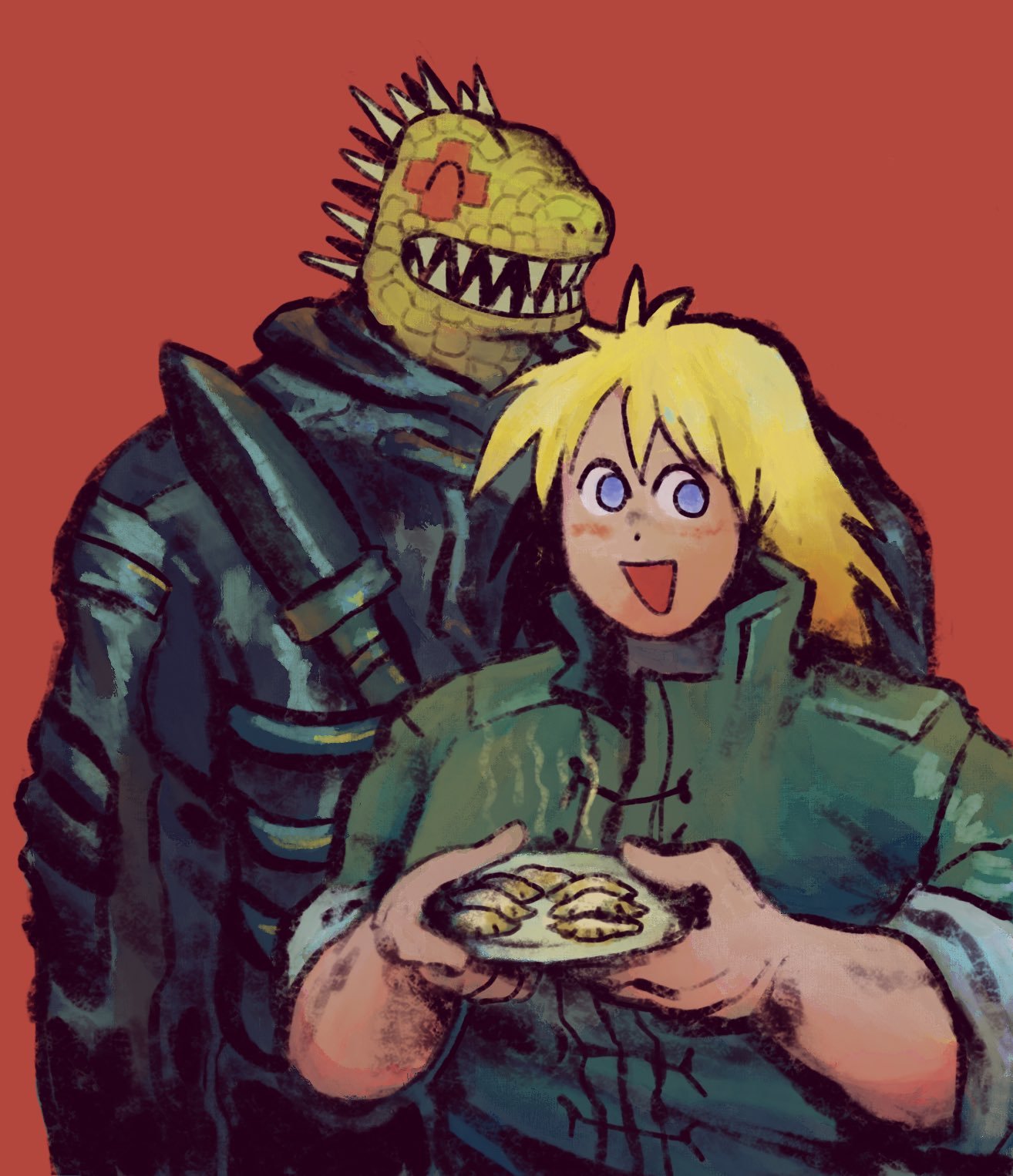 ambiguous_gender anthro bangs blonde_hair blue_eyes clothed clothing dorohedoro duo food green_body green_scales gyoza hair hi_res human kaiman_(dorohedoro) lizard mammal nikaido_(dorohedoro) plastiboo reptile scales scalie sharp_teeth smile teeth