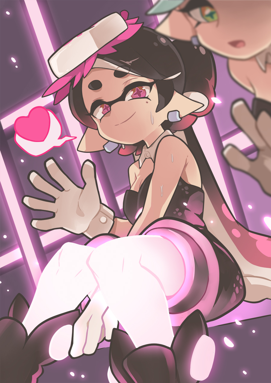 2girls black_jumpsuit blurry boots breasts callie_(splatoon) cousins cross-shaped_pupils depth_of_field detached_collar earrings english_commentary food food_on_head gloves glowing gomipomi heart highres jewelry jumpsuit long_hair looking_at_viewer marie_(splatoon) mole mole_under_eye multiple_girls object_on_head pointy_ears short_jumpsuit smile splatoon_(series) spoken_heart strapless sushi sweat symbol-shaped_pupils tentacle_hair waving