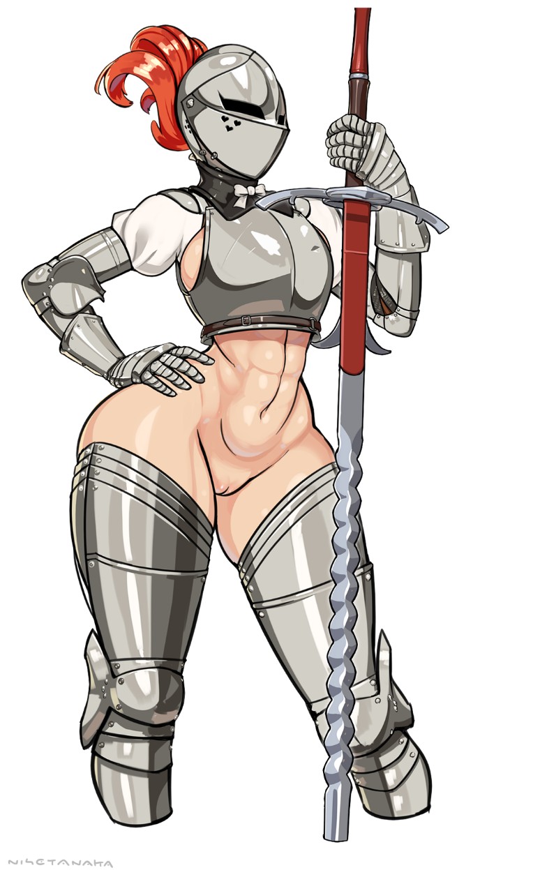 1girl abs armor armored_boots boots cowboy_shot flamberge gauntlets hand_on_own_hip helmet highres holding holding_sword holding_weapon knight long_hair muscular muscular_female navel nisetanaka orange_hair original pussy solo stomach sword thigh_boots weapon white_background zweihander