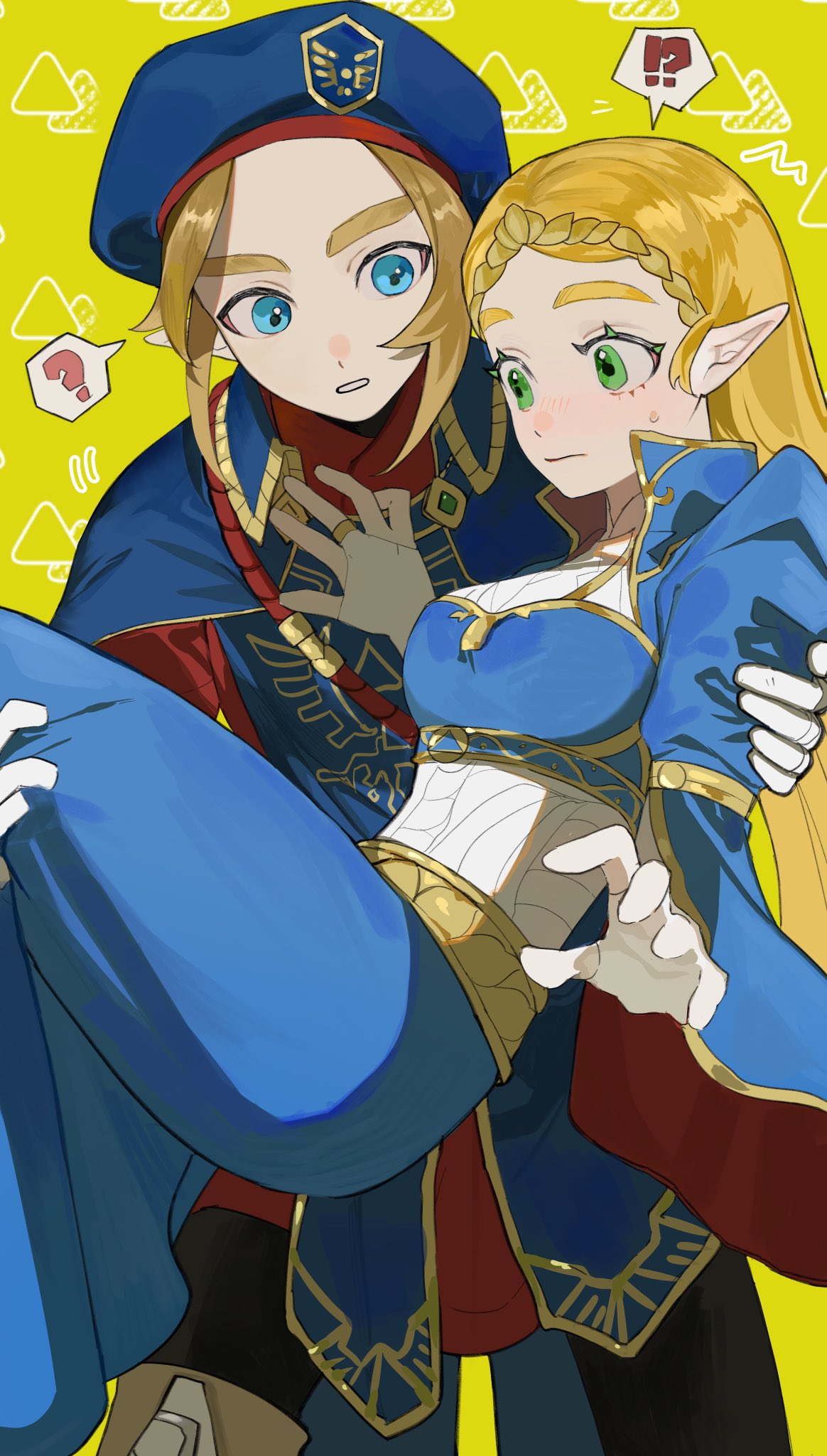 !? 1boy 1girl ? beret blonde_hair blue_dress blue_eyes blue_headwear boots breasts bridal_gauntlets cape closed_mouth dot_nose dress gloves green_eyes hand_on_another's_chest hat highres link looking_at_another medium_breasts open_mouth outstretched_hand pointy_ears princess_zelda royal_guard_set_(zelda) simple_background teeth the_legend_of_zelda the_legend_of_zelda:_breath_of_the_wild thick_eyebrows triforce triforce_print white_gloves ximi0910 yellow_background