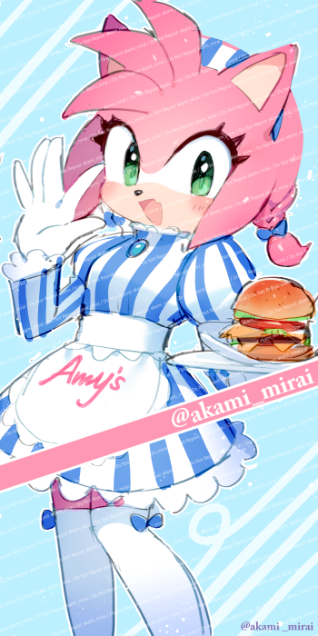 1girl amy_rose animal_ears animal_nose apron artist_name blue_background blue_bow blue_dress blue_gemstone blue_hairband blush bow burger dress eyelashes food frills furry furry_female gem gloves green_eyes hairband hands_up hedgehog_ears hedgehog_girl holding holding_plate iiimirai jewelry juliet_sleeves long_sleeves looking_at_viewer necklace open_mouth pink_fur plate puffy_sleeves smile solo sonic_(series) standing striped striped_background striped_dress striped_hairband thighhighs tongue watermark white_apron white_dress white_gloves white_hairband white_thighhighs