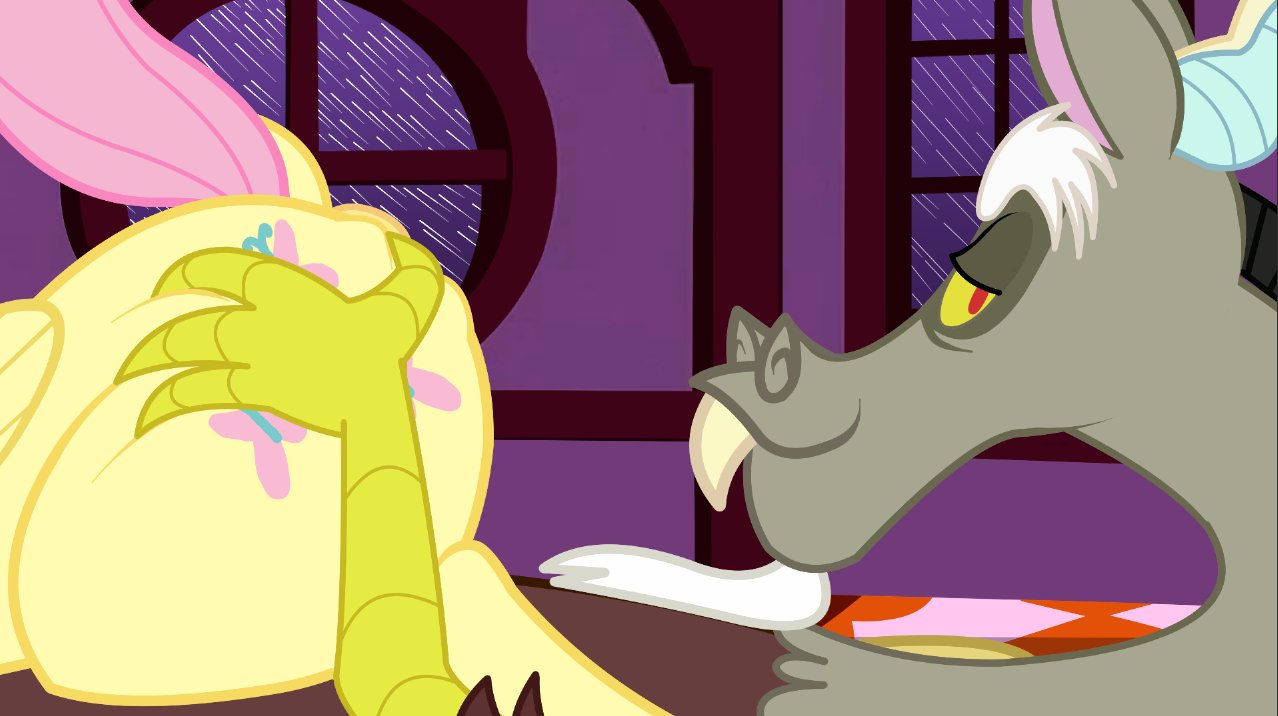 anus_peek butt butt_grab canaryprimary chimera discord_(mlp) draconequus duo equid equine fangs female fluttershy_(mlp) friendship_is_magic hand_on_butt hasbro horn looking_at_viewer male male/female mammal my_little_pony pegasus preview teeth wings