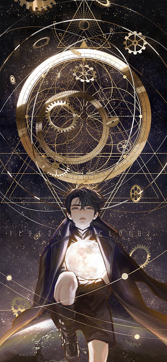 1boy aged_down black_hair black_jacket blackbox_(blackbox9158) boots clockwork earth_(planet) expressionless foot_out_of_frame full_moon gears highres holding_moon jacket kneehighs korean_commentary looking_at_viewer male_focus moon omniscient_reader's_viewpoint planet short_hair shorts socks solo starry_background straight-on yoo_joonghyuk