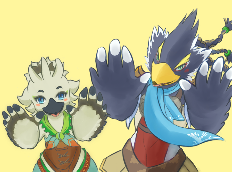 anthro avian beak blue_body blue_eyes blue_feathers blush breath_of_the_wild clothing duo feathers green_eyes leather leather_clothing male nintendo revali rito scarf sheep_riritoto smile taunting tears_of_the_kingdom the_legend_of_zelda tongue tongue_out tulin_(tloz) white_body white_feathers wings