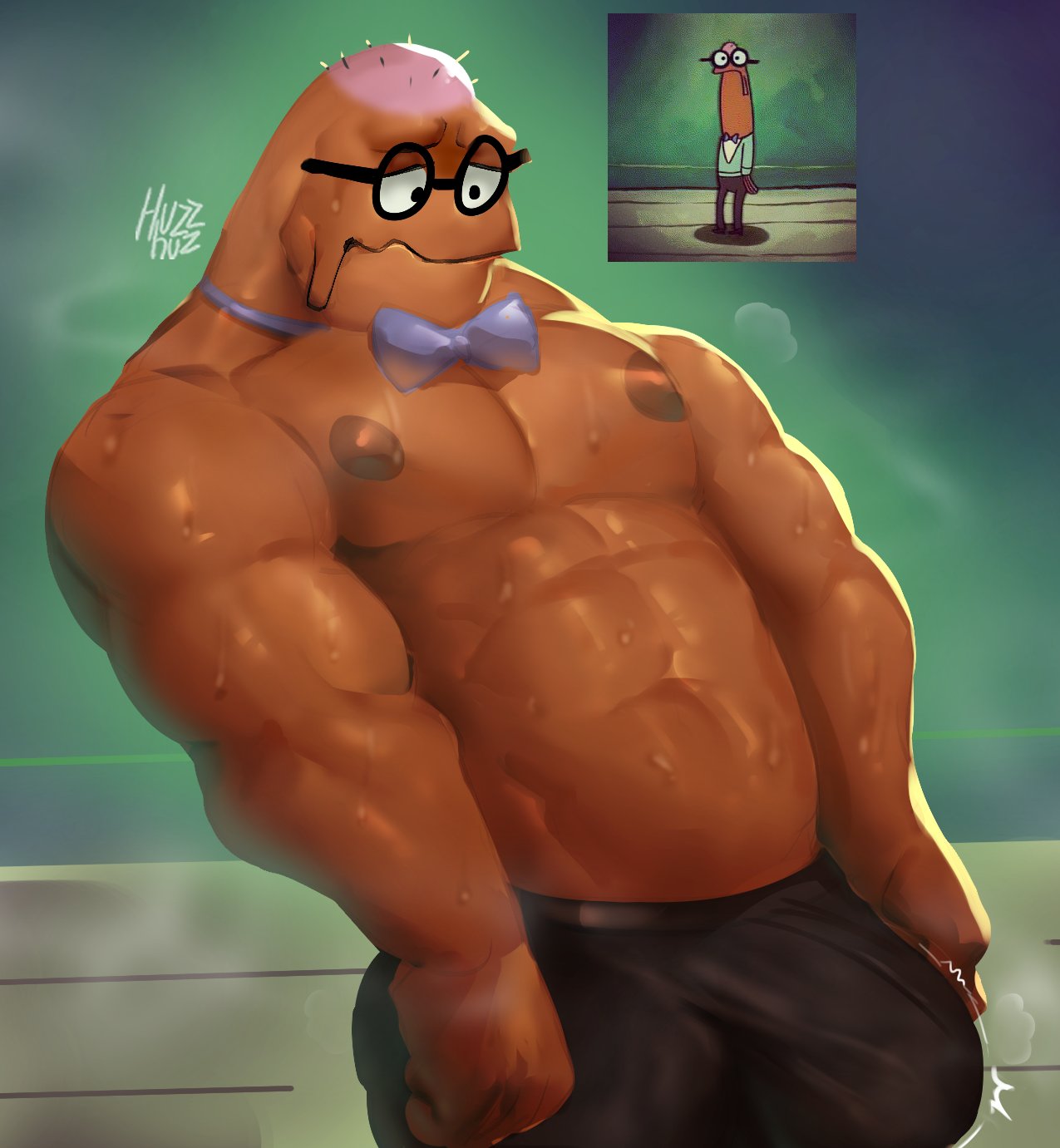 anchovy anthro bald barazoku big_bulge bodily_fluids bow_tie bulge clothed clothing detailed_bulge erection erection_under_clothing excessive_sweat eyewear fish glasses hi_res huzzhuz leaning leaning_back looking_at_bulge male marine muscular muscular_male musk musk_clouds nerd nickelodeon nipples octavius_rex pecs reference_image solo spongebob_squarepants straining sweat sweaty_abs tenting topless