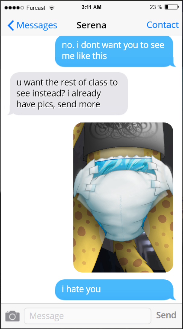 ambiguous_gender anthro blackmail cheetah clothed clothing college college_student dialogue diaper duo english_text felid feline female female/ambiguous humiliation mammal padlockedpadding pantsless phone phone_screen school selfie student text wearing_diaper