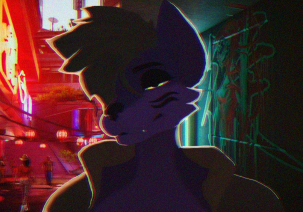 altumnixis anthro canid canine canis chromatic_aberration clothing coat cyberpunk_2077 female five_nights_at_freddy's five_nights_at_freddy's:_security_breach looking_at_viewer mammal narrowed_eyes neon_lights portrait roxanne_wolf_(fnaf) scottgames solo squint steel_wool_studios topwear wolf
