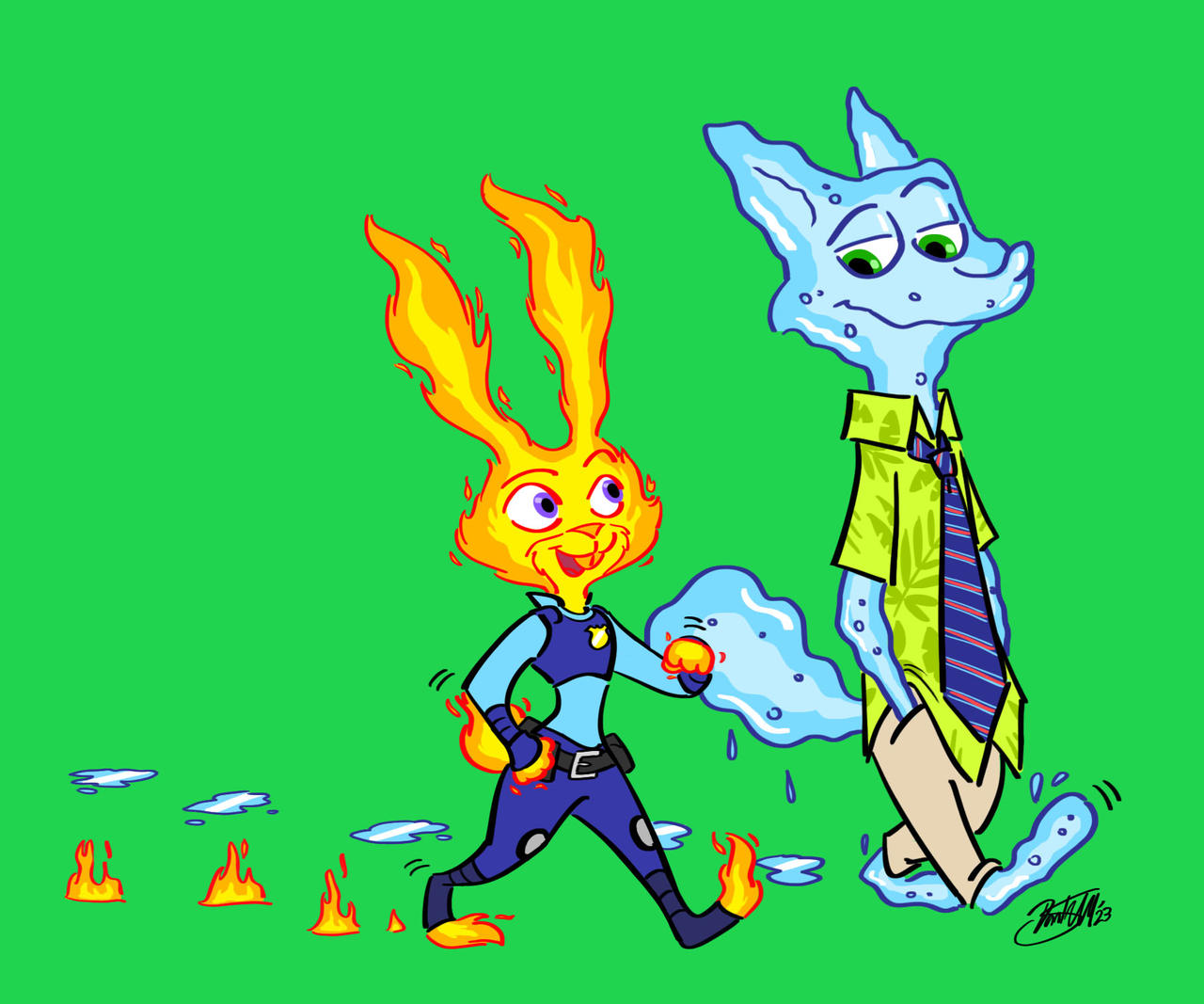 2023 anthro bottomwear canid canine clothing crossover danthedoodle digital_drawing_(artwork) digital_media_(artwork) disney duo ears_up elemental_(pixar) elemental_creature ember_lumen female fire fire_creature fox green_background judy_hopps lagomorph leporid male mammal necktie nick_wilde pants pixar police_uniform rabbit shirt signature simple_background tail topwear uniform wade_ripple water water_creature zootopia