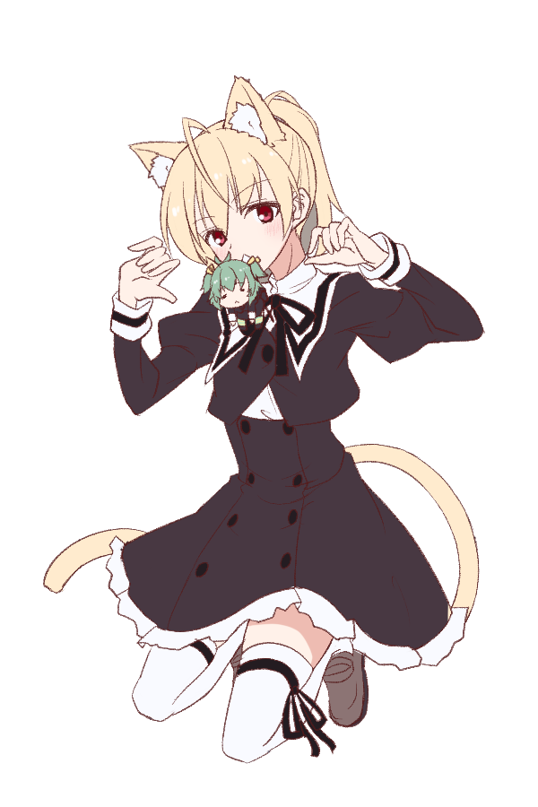 2girls =_= ahoge andou_tazusa animal_ear_fluff animal_ears antenna_hair assault_lily black_ribbon black_skirt blonde_hair brown_footwear buttons carrying carrying_person cat_ears cat_girl cat_tail claw_pose closed_eyes commentary covered_mouth cropped_jacket frilled_skirt frills full_body green_hair gumoyu hair_between_eyes hair_up hands_up head_tilt high-waist_skirt juliet_sleeves kemonomimi_mode kneeling leg_ribbon light_blush loafers long_sleeves looking_at_viewer mini_person minigirl miniskirt mouth_hold multiple_girls neck_ribbon ponytail puffy_sleeves red_eyes ribbon school_uniform shirt shoes short_hair simple_background skirt tail thigh_ribbon thighhighs two_side_up white_background white_shirt white_thighhighs yellow_ribbon yoshimura_thi_mai yurigaoka_girls_academy_school_uniform