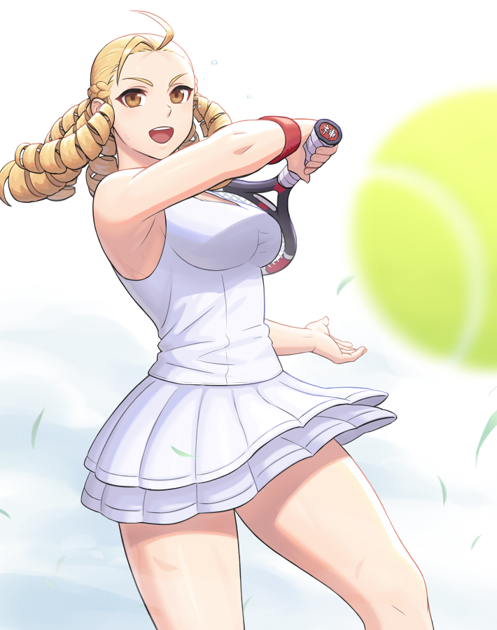 1girl antenna_hair braid breasts crown_braid dress holding holding_racket holding_tennis_racket kanzuki_karin long_hair medium_breasts noppo_(tarstation) official_alternate_costume racket ringlets solo sportswear street_fighter street_fighter_v tennis_dress tennis_racket thighs white_dress wristband