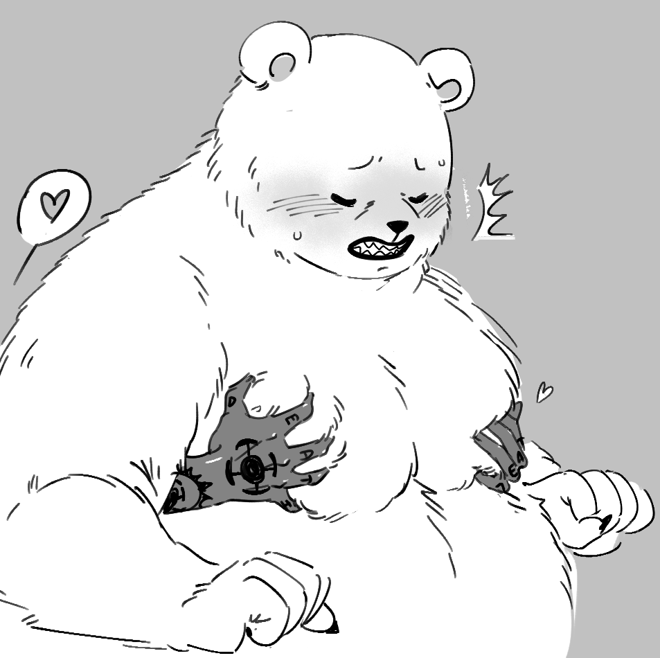 &lt;3 anthro bear belly bepo_(one_piece) blush clothed clothing duo groping_from_behind hand_tattoo human male male/male mammal moob_grab moobs nekokat42 one_piece overweight tattoo topless trafalgar_law