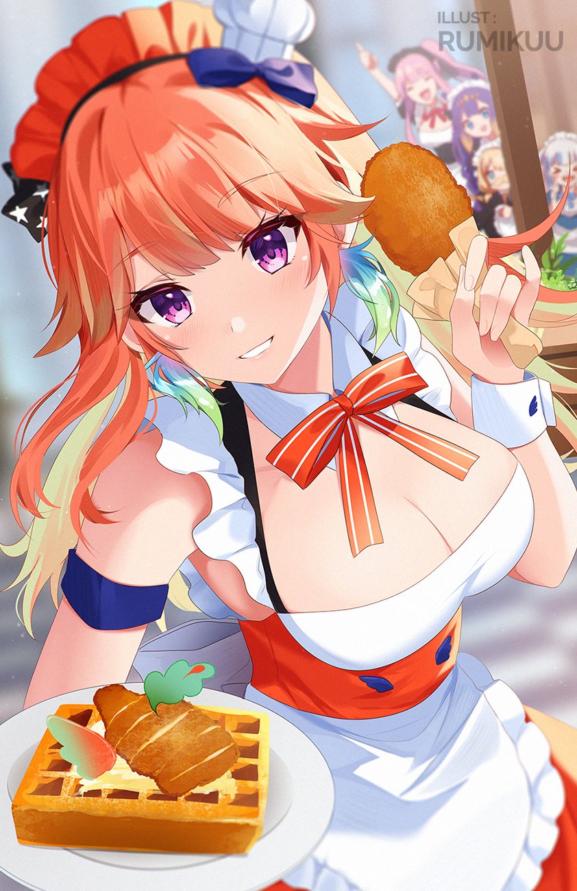 5girls alternate_costume apron armband artist_name blue_bow bow breasts cheering chef_hat chicken_(food) chicken_leg cleavage detached_collar dress earrings enmaided feather_earrings feathers food french_toast frills gawr_gura hair_bow hand_up hat highres holding holding_food holding_plate hololive hololive_english holomyth jewelry k-rumi long_hair looking_at_viewer maid maid_apron maid_headdress mini_hat mori_calliope multicolored_hair multiple_girls neck_ribbon ninomae_ina'nis orange_dress orange_hair parted_lips photoshop_(medium) plate purple_eyes ribbon serving solo_focus streaked_hair takanashi_kiara virtual_youtuber waitress watermark watson_amelia wing_collar wrist_cuffs