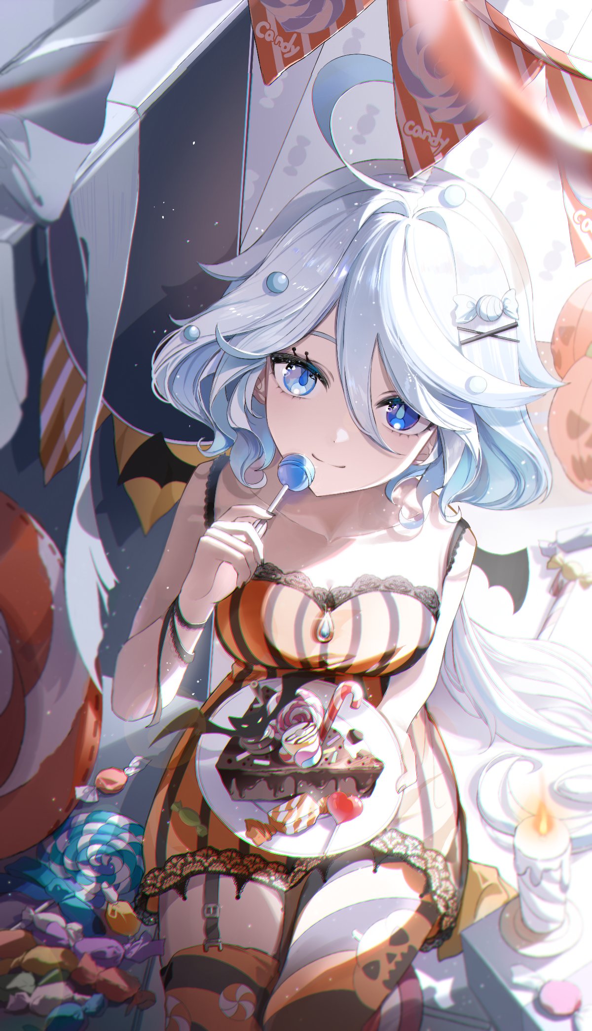 1girl ahoge alternate_costume asymmetrical_legwear bat_wings blue_eyes blue_hair cake candy candy_hair_ornament chocolate_cake closed_mouth dress drop-shaped_pupils food food-themed_hair_ornament furina_(genshin_impact) genshin_impact hair_between_eyes hair_ornament highres holding holding_candy holding_food holding_lollipop holding_plate indoors isobe47 light_blue_hair lollipop long_hair looking_at_viewer looking_up mismatched_legwear mismatched_pupils orange_dress orange_thighhighs plate sidelocks sleeveless sleeveless_dress smile solo striped striped_dress striped_thighhighs thighhighs wings x_hair_ornament
