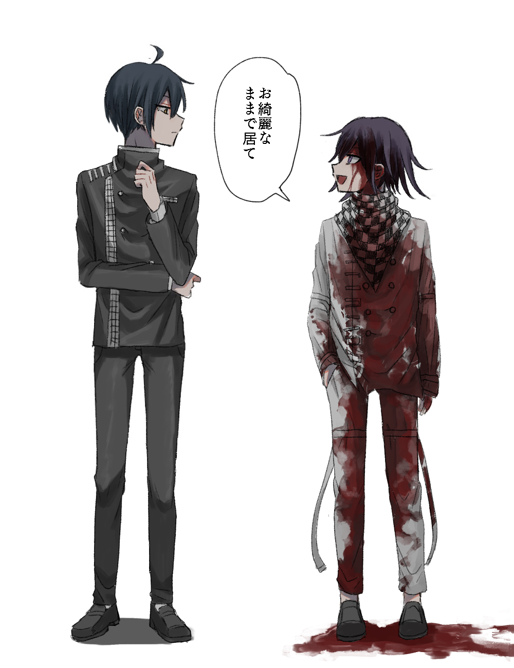 2boys :d black_footwear black_jacket black_pants blood blood_on_clothes blood_on_face buttons danganronpa_(series) danganronpa_v3:_killing_harmony double-breasted excessive_blood eye_contact grey_background grey_jacket grey_pants hand_in_pocket highres jacket kasou_(roomno404_) looking_at_another looking_to_the_side multiple_boys oma_kokichi open_mouth pants profile saihara_shuichi shoes simple_background smile speech_bubble translation_request