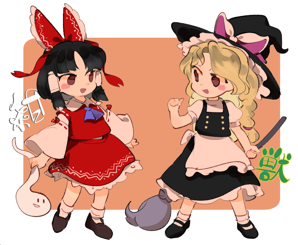 2girls bare_shoulders black_footwear black_hair black_headwear black_skirt black_vest blonde_hair blush_stickers bow braid broom brown_eyes chamaruk detached_sleeves hair_bow hair_tubes hakurei_reimu hat holding holding_broom japanese_clothes kirisame_marisa legacy_of_lunatic_kingdom long_hair medium_hair mochi_(touhou) multiple_girls nontraditional_miko open_mouth red_bow red_skirt ribbon-trimmed_sleeves ribbon_trim shirt shoes short_sleeves sidelocks single_braid skirt smile socks touhou unfinished_dream_of_all_living_ghost vest white_shirt white_sleeves white_socks wide_sleeves witch_hat