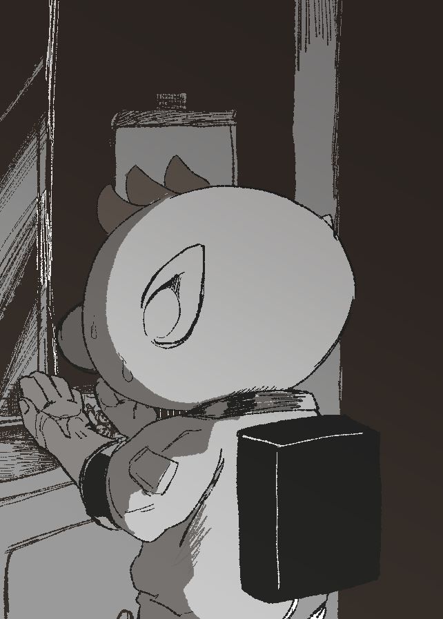 1boy alien backpack bag big_nose check_commentary commentary commentary_request from_behind gloves greyscale iat-418 indoors looking_at_hands mirror monochrome no_headwear olimar patch pikmin_(series) pointy_ears short_hair spacesuit sweat upper_body very_short_hair