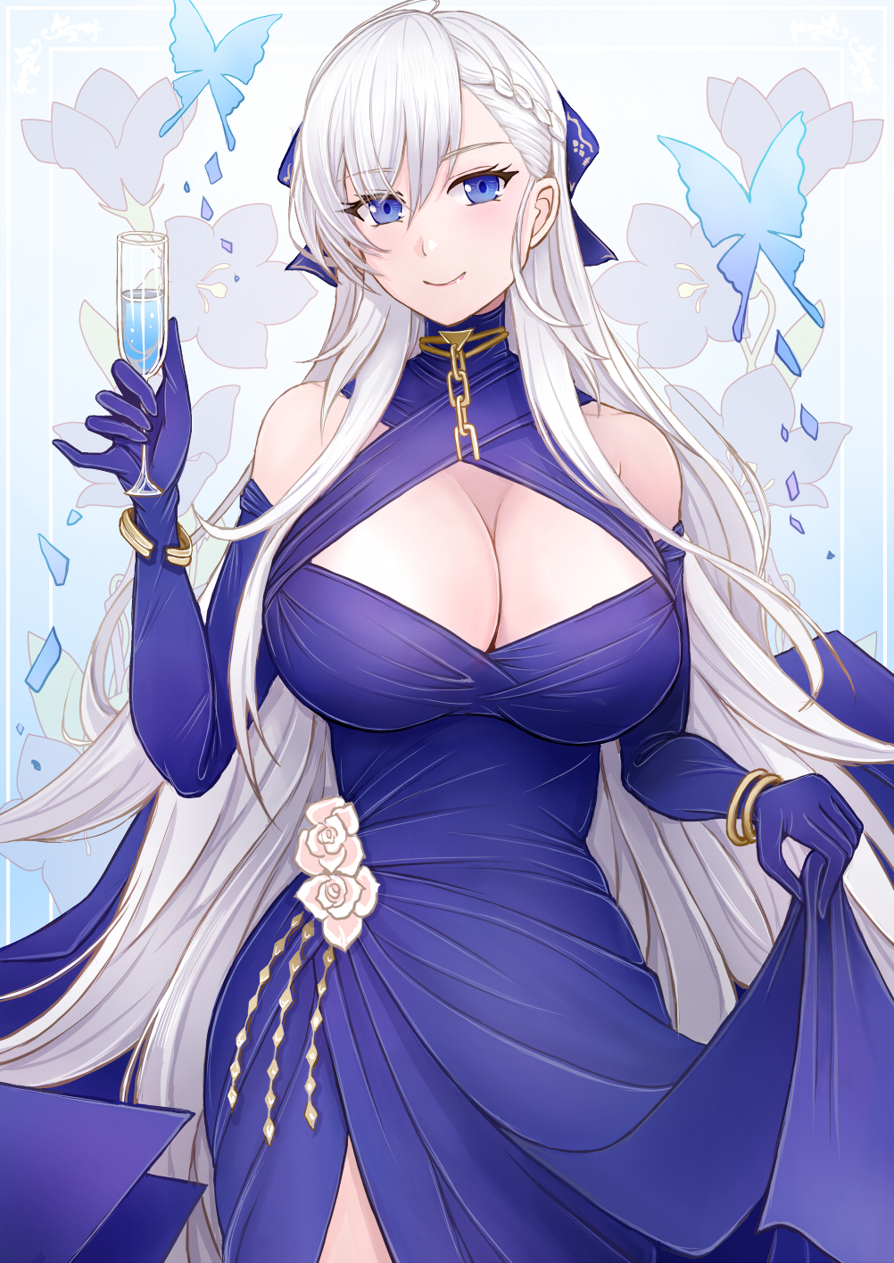 1girl alcohol azur_lane bare_shoulders belfast_(azur_lane) belfast_(the_noble_attendant)_(azur_lane) blue_eyes braid breasts bug butterfly chain champagne cleavage cleavage_cutout closed_mouth clothing_cutout cocktail_dress cocktail_glass criss-cross_halter cup dress drinking_glass elbow_gloves evening_gown french_braid gloves halter_dress halterneck highres holding holding_cup huge_breasts long_dress long_hair looking_at_viewer official_alternate_costume purple_dress purple_gloves sai-go simple_background skirt_hold sleeveless sleeveless_dress smile solo very_long_hair white_hair