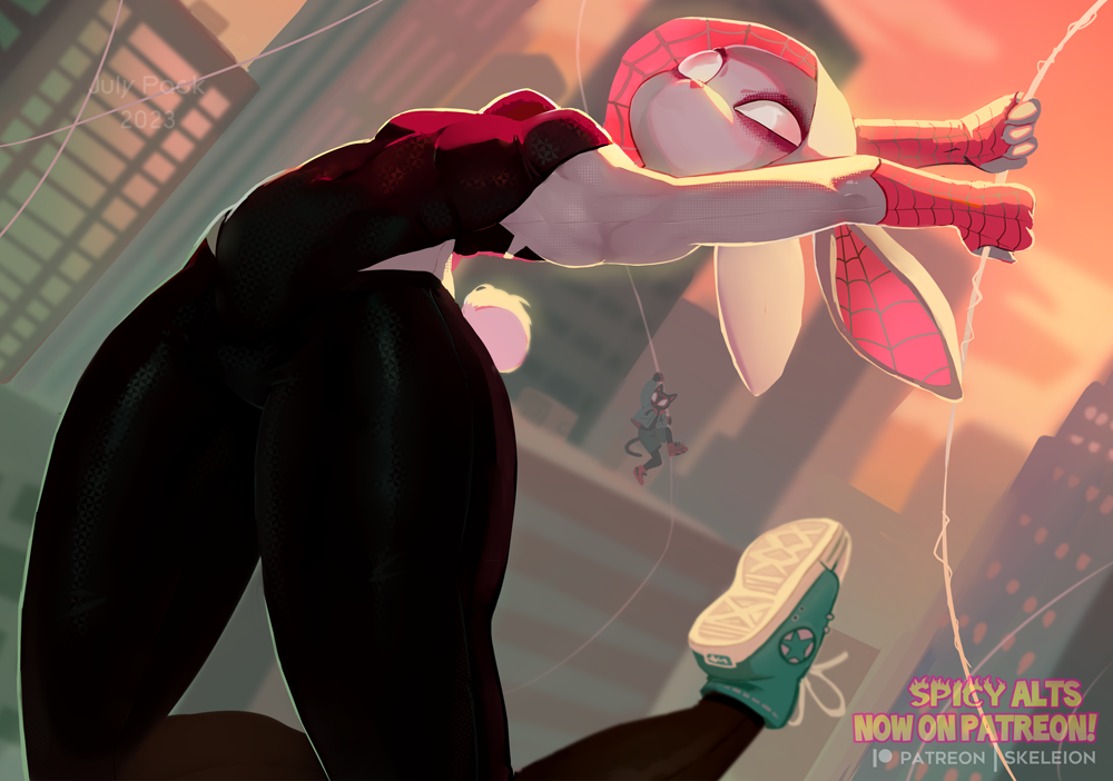 2023 alternate_species anthro building city clothing costume digital_media_(artwork) domestic_cat duo felid feline felis female female_focus furrification gwen_stacy lagomorph leporid male mammal marvel miles_morales rabbit skeleion solo_focus spider-gwen spider-man_(character) spider-man_(series) swinging