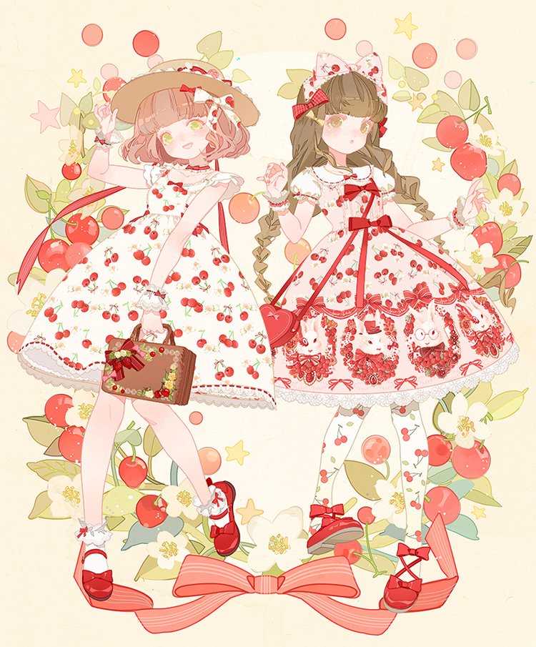 2girls :o animal_print artist_request bag blunt_bangs bow bow_choker bow_print bowtie briefcase brown_eyes brown_hair cherry_print choker collar collared_dress cross-laced_footwear dress dress_bow flower food_print footwear_bow frilled_bow frilled_collar frilled_sleeves frilled_wrist_cuffs frills fruit_background full_body green_eyes hair_bow hand_on_headwear hat heart-shaped_bag holding holding_briefcase lace-trimmed_choker lace-trimmed_dress lace-trimmed_headwear lace_trim leaf light_blush light_brown_hair lolita_fashion long_hair looking_at_viewer low_twintails mary_janes multiple_girls multiple_hair_bows nail_polish open_mouth original pantyhose pink_bow pink_dress plaid plaid_bow puffy_short_sleeves puffy_sleeves rabbit_print red_bag red_bow red_bowtie red_choker red_footwear red_nails red_wrist_cuffs ribbon-trimmed_collar ribbon-trimmed_dress ribbon-trimmed_sleeves ribbon_trim second-party_source shirt shoes short_dress short_hair short_sleeves shoulder_bag sleeve_bow smile star_(symbol) striped striped_bow striped_choker sun_hat twintails wavy_hair white_bow white_collar white_dress white_flower white_pantyhose white_shirt white_sleeves wrist_bow yellow_background yellow_headwear