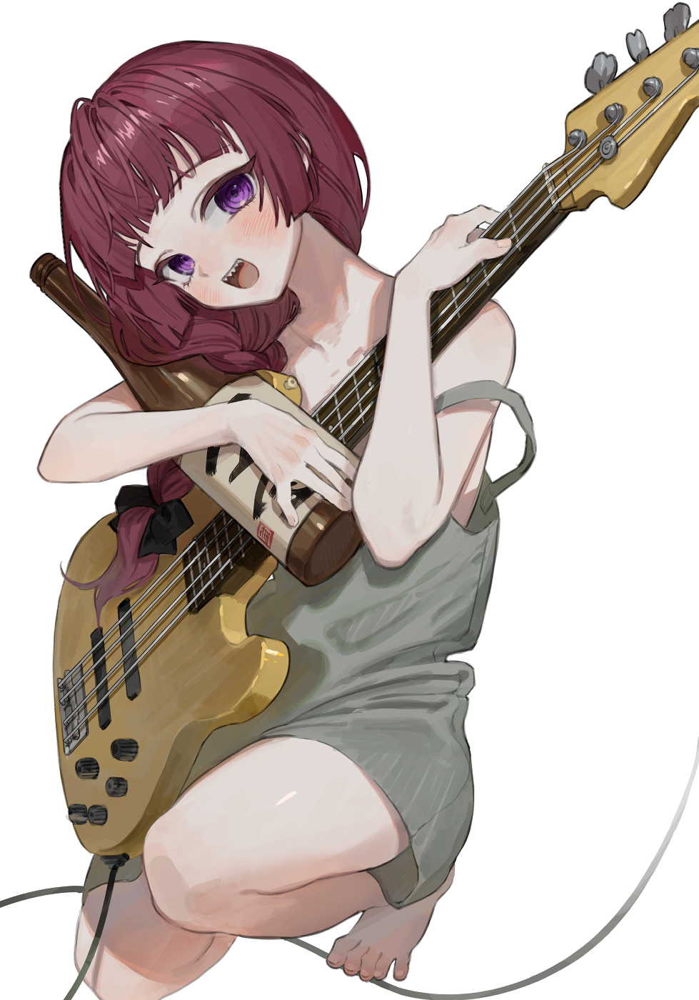 1girl alcohol barefoot bass_guitar black_bow blunt_bangs blush bocchi_the_rock! bottle bow braid collarbone dress frost_fog full_body green_dress hair_bow hair_over_shoulder highres hiroi_kikuri holding holding_bottle holding_instrument instrument long_hair looking_at_viewer open_mouth purple_eyes purple_hair ringed_eyes sake sake_bottle sharp_teeth simple_background single_braid sitting smile solo strap_slip teeth white_background