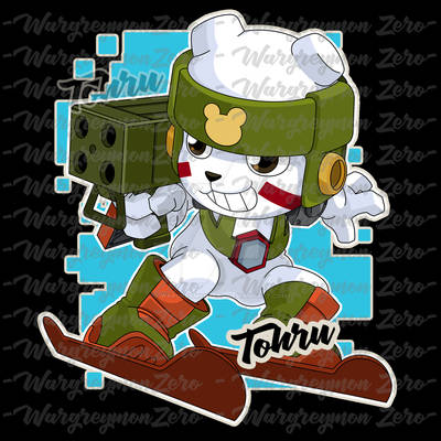 3_fingers anthro bandai_namco bear black_nose boots brown_eyes clothing combat_boots digimon digimon_(species) facial_markings featureless_crotch fingers footwear green_clothing head_markings headgear holding_object holding_weapon kumamon low_res male mammal markings military_jacket polar_bear ranged_weapon red_markings rocket_launcher shaded simple_background skiing smile smirk solo sticker ursine wargreymonzero watermark weapon