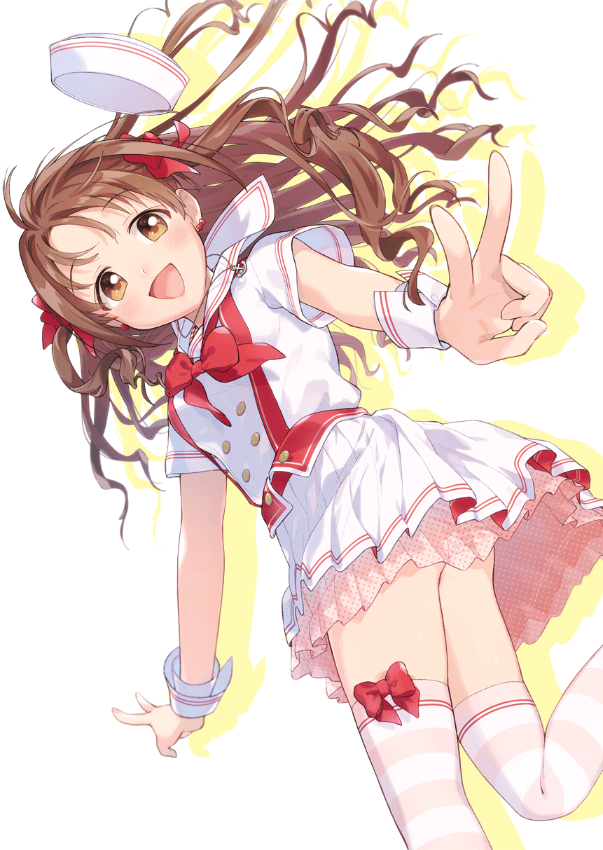 1girl anchor_necklace blush bow_legwear brown_eyes brown_hair commentary double_v dress earrings feet_out_of_frame hair_ribbon hat highres idolmaster idolmaster_cinderella_girls jewelry long_hair nanonin necklace open_mouth red_ribbon ribbon sailor_dress sailor_hat shimamura_uzuki short_sleeves smile solo striped striped_thighhighs symbol-only_commentary thighhighs v white_dress white_headwear wrist_cuffs