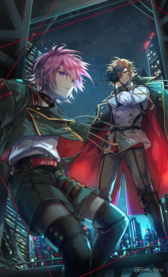 2boys a_dark_night's_passing_(ensemble_stars!) aiguillette aqua_eyes belt belt_chain black_belt black_footwear black_gloves black_pantyhose boots brown_hair building buttons city_lights closed_mouth coat coat_on_shoulders collared_shirt covering_one_eye double-breasted double_face_(ensemble_stars!) ensemble_stars! feet_out_of_frame full_body gloves green_coat green_shorts grey_pants grey_shirt grey_vest hair_between_eyes hair_over_one_eye harness jiyo_(3510_tss) knee_boots lapels laser long_sleeves looking_at_viewer male_focus medal mikejima_madara multiple_boys necktie night official_alternate_costume oukawa_kohaku pants pantyhose pink_hair purple_eyes railing red_belt red_coat red_necktie shirt short_hair shorts sky skyscraper smile standing star_(sky) starry_sky thigh_belt thigh_boots thigh_strap two-sided_coat vest white_shirt
