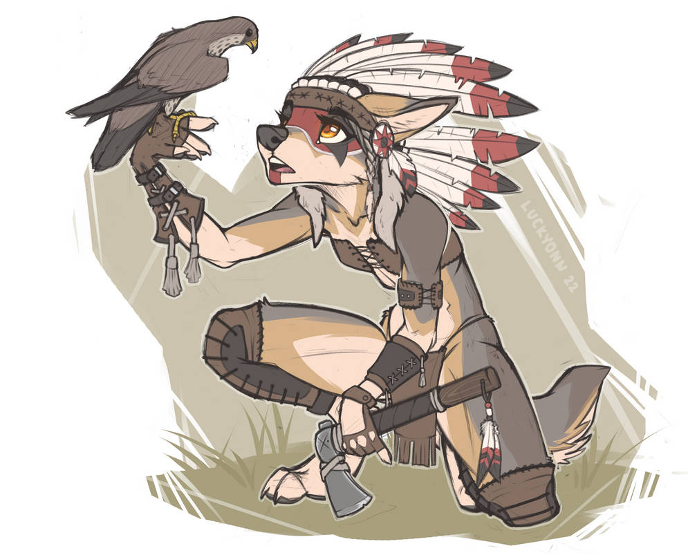 accipitrid accipitriform anthro avian axe bird bodypaint bottomwear canid canine canis clothing face_paint female feral hat_feather headgear headwear loincloth loose_feather luckyonn mammal native_american solo tomahawk wolf