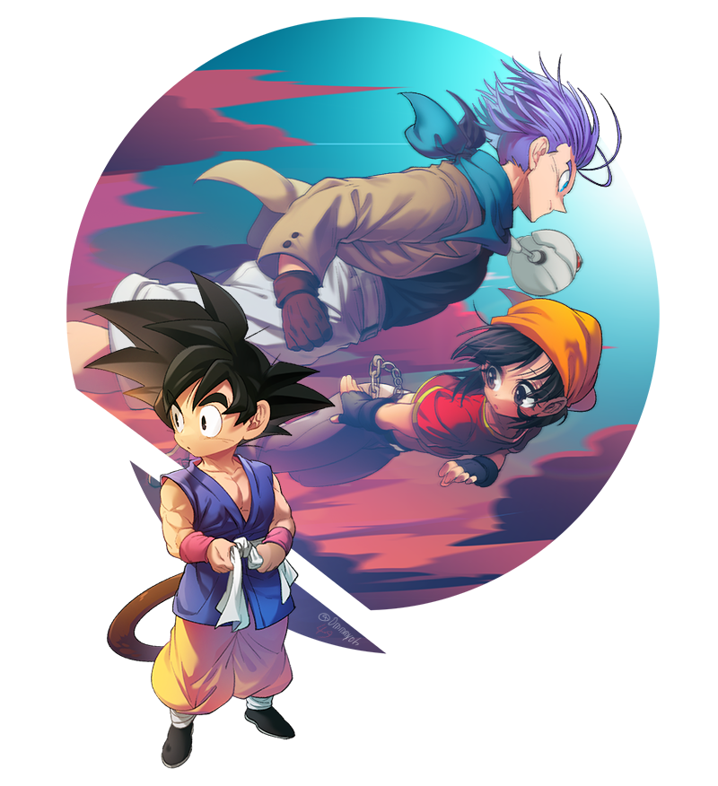 1girl 2boys bandana belt black_eyes black_gloves black_hair brown_gloves chain denim dougi dragon_ball dragon_ball_gt female_child fingerless_gloves giru_(dragon_ball) gloves grandfather_and_granddaughter male_child martial_arts_belt monkey_tail multiple_boys ommmyoh orange_bandana pan_(dragon_ball) pants purple_hair red_shirt robot saiyan shirt short_hair son_goku spiked_hair tail trunks_(dragon_ball) wristband yellow_pants