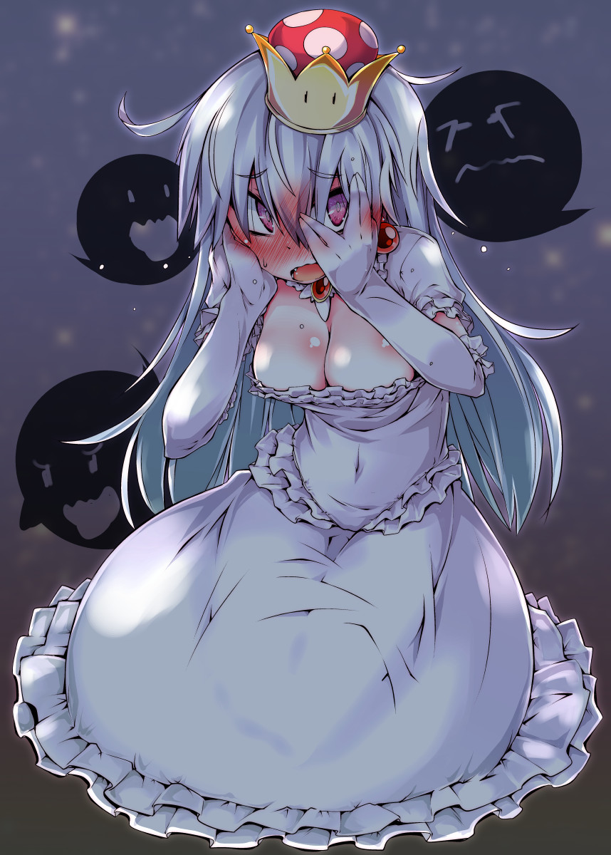 1girl blush body_blush boo_(mario) breasts cleavage commentary_request covered_navel dress earrings elbow_gloves embarrassed fang frilled_dress frilled_gloves frilled_sleeves frills full_body gloves hair_between_eyes hands_on_own_cheeks hands_on_own_face highres jewelry long_bangs long_dress long_hair looking_at_viewer luigi's_mansion mario_(series) medium_breasts narumiya_(narumiya) new_super_mario_bros._u_deluxe nose_blush open_mouth pink_eyes princess_king_boo raised_eyebrows red_brooch seiza shadow short_sleeves sitting solo super_crown white_dress white_gloves white_hair