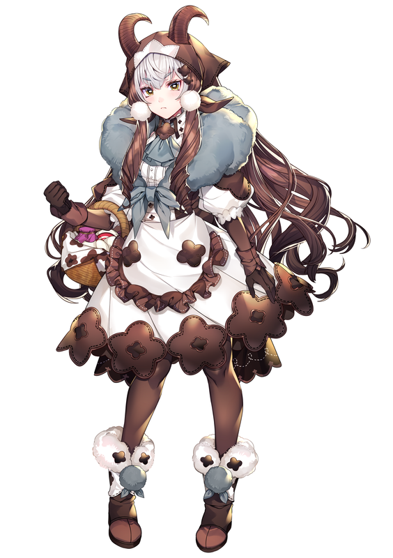 1girl black_gloves bright_pupils brown_hair brown_horns brown_pantyhose closed_mouth dress drill_hair dubwool frown full_body fur-trimmed_footwear fur_trim gloves head_scarf horizontal_pupils horns horns_through_headwear katagiri_hachigou legs_apart long_hair looking_at_viewer multicolored_hair pantyhose personification pokemon sheep_horns simple_background solo standing two-tone_hair white_background white_hair white_pupils yellow_eyes