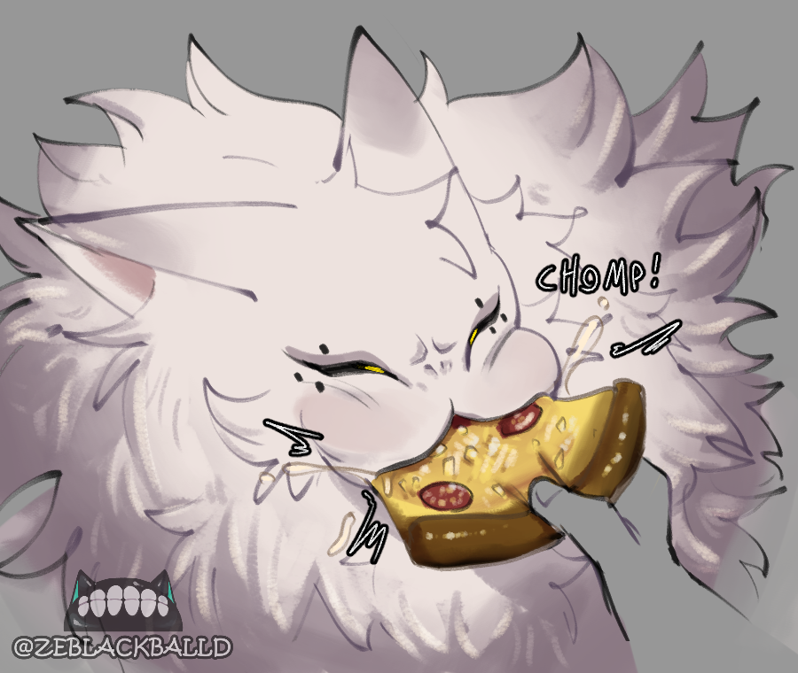 anthro black_eyes cheek_tuft dipstick_ears disembodied_hand eating eating_food facial_markings facial_tuft female food fur grey_background grey_body grey_fur head_markings holding_food holding_object mammal markings multicolored_ears narrowed_eyes onomatopoeia pizza pizza_slice simple_background solo sound_effects text the_huntress_(ze_blackball.d) tuft white_body white_fur yellow_sclera ze_blackball.d