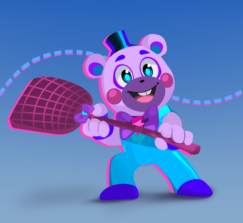 anthro bear blue_clothing blue_eyes bow_tie buckteeth clothing digital_media_(artwork) fingerless_gloves five_nights_at_freddy's five_nights_at_freddy's:_security_breach gloves gradient_background handwear happy hat headgear headwear helpy_(fnaf) holding_object lineless low_res male mammal official_art pink_body pink_cheeks scottgames shaded simple_background simple_shading steel_wool_studios teeth unknown_artist